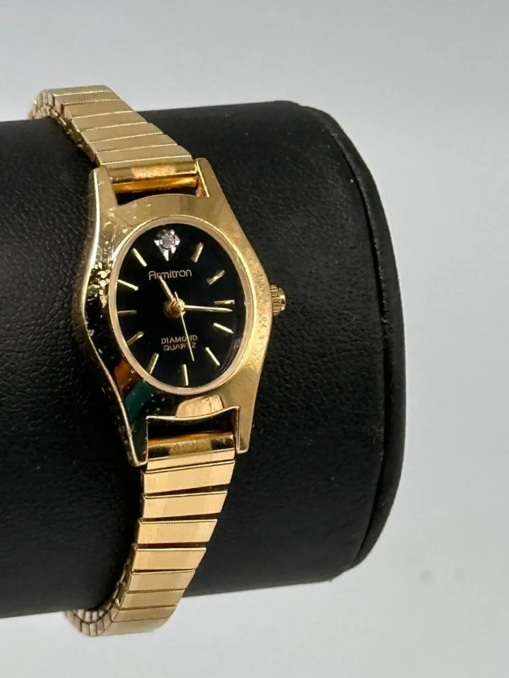 Armitron Watch Women Gold Tone Black Oval Dial Stretch Band New Battery 6